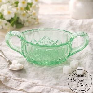 Vintage Green Uranium Glass double handle open sugar bowl, dish